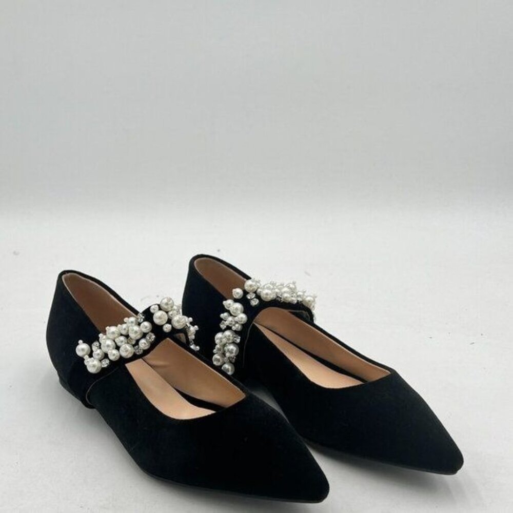 XYD Women's Pointed Toe Velvet Flats Pearl Strap Beaded Mary Janes Stylish Retro